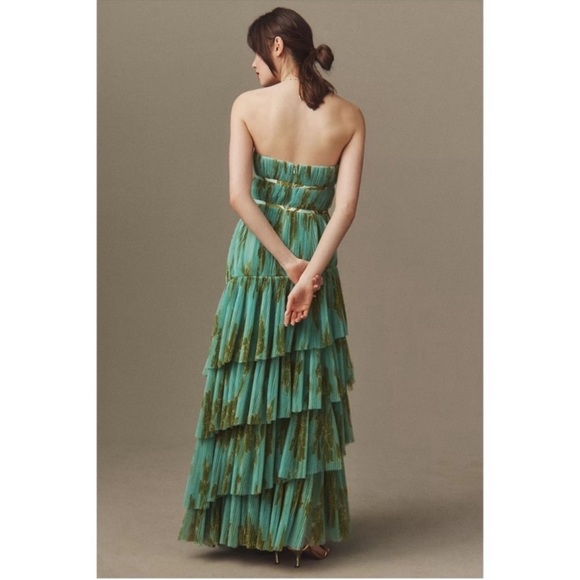 ANTHROPOLOGIE Hutch Lanza Strapless Pleated Tiered Ruffle Tulle Maxi Dress Green - Picture 5 of 15
